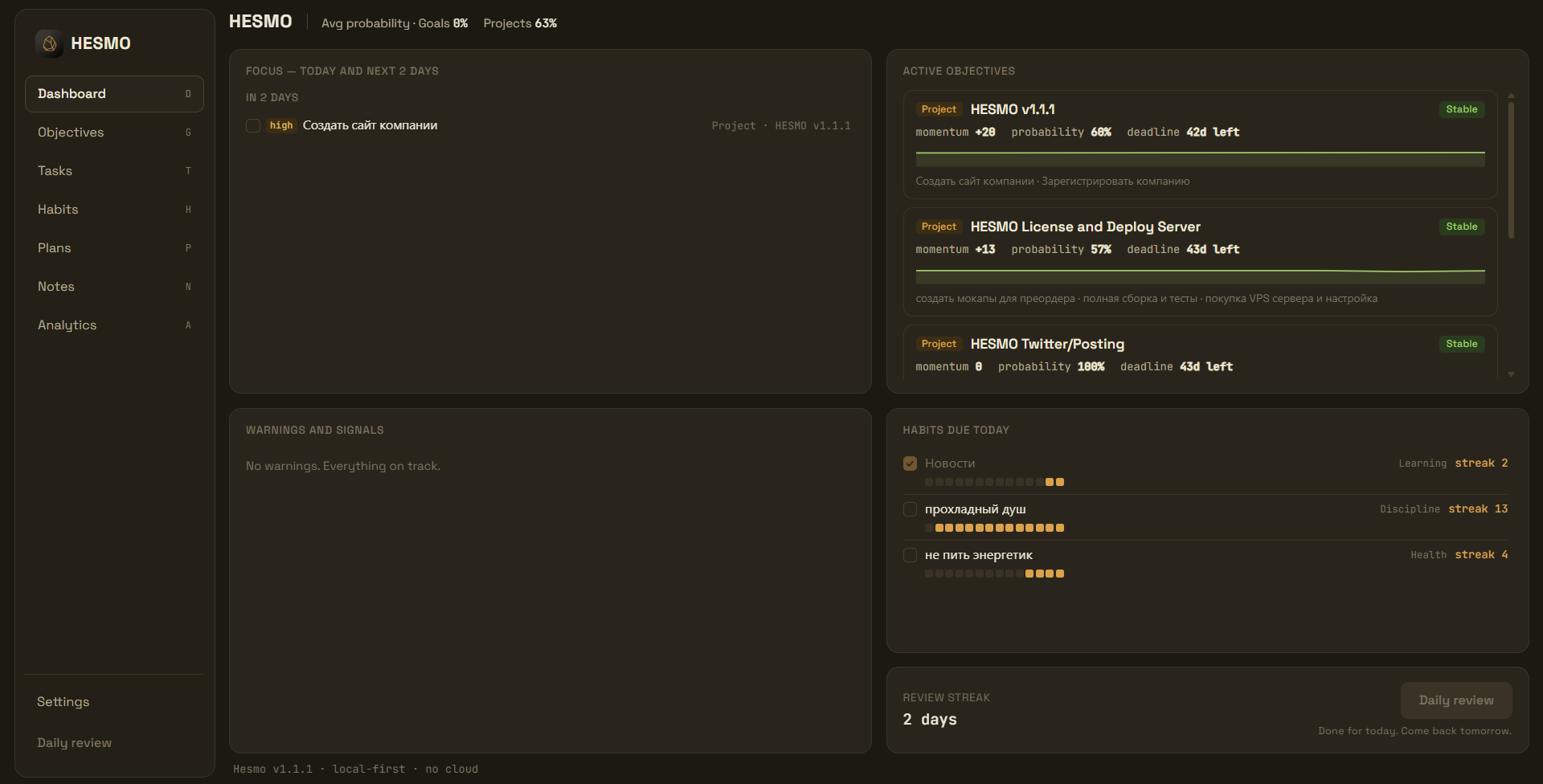 Hesmo dashboard showing focus items, active objectives, habits and daily review